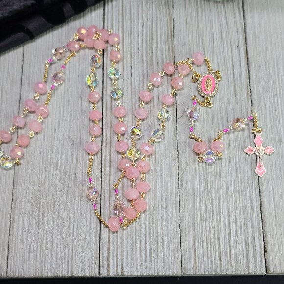 Handcrafted Pink and Gold Delicate and Elegant Aurora Rosary Christmas Gift - Picture 6 of 10